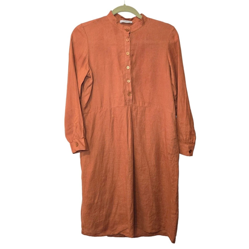 Gran Sasso Womens Linen Lagenlook Pockets Mandarin Neck Rust Brown Dress Sz 40 S